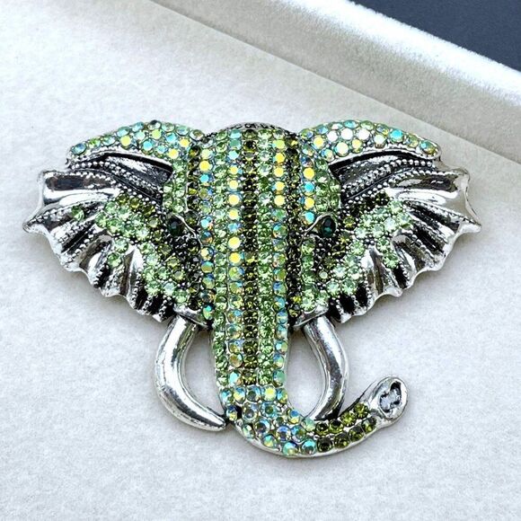 Silver with Emerald Peridot Green and AB Crystal Tusked Elephant Pin Back Brooch - Picture 3 of 10